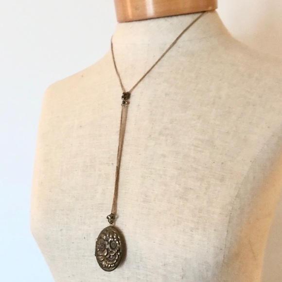 Brass Vintage Locket Long Slide Keepsake Necklace - Picture 2 of 8